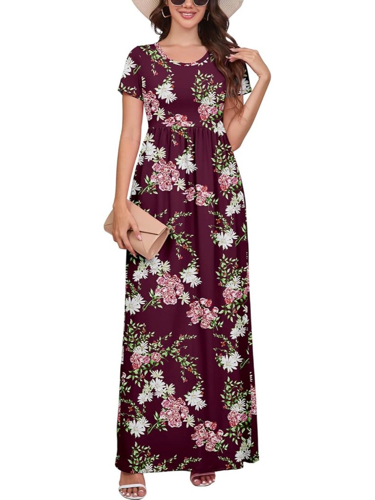 Women's Flower Wine Red Maxi Short Sleeve Loose Plain Comfy Long Dress W/Pocket